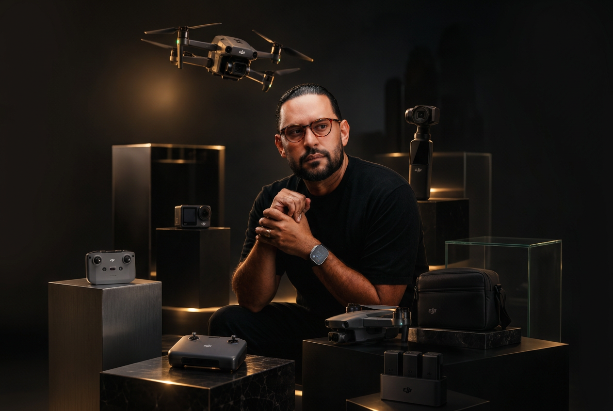 Justo Dantas em estúdio com drones, câmeras e acessórios DJI